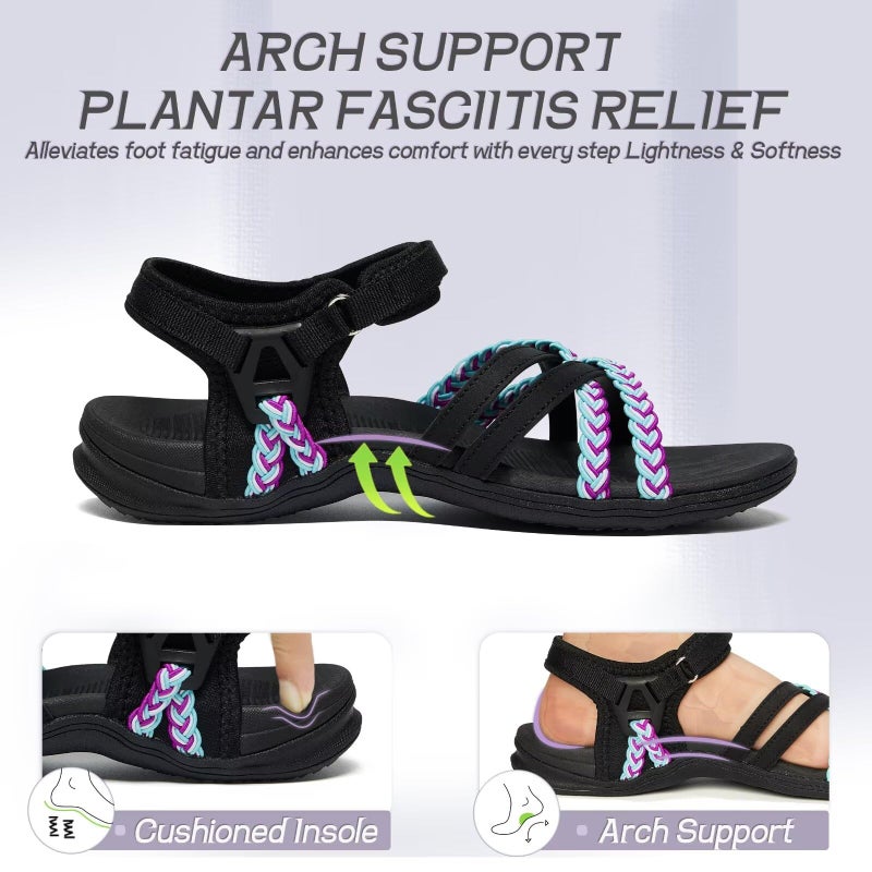 MEGNYA Women's Best Athletic Walking Sandals, Arch Support Comfortable Flexible Hiking Slides Outdoors, Adjustable Sport Sandals Colorful Hook Loop Straps Size 9 - Image 3